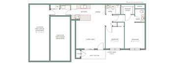 A floor plan of a house with a living area, two bedrooms, a kitchen, a dining area, a bathroom, a walk-in closet, and a unit garage.