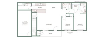 A floor plan of a house with a living area, two bedrooms, a kitchen, a dining area, a bathroom, a walk-in closet, and a storage area.