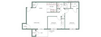 A floor plan of a house with a living area, two bedrooms, a patio, and a storage area.