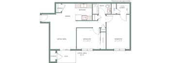 A floor plan of a house with a living area, two bedrooms, a kitchen, a bathroom, a dining area, and a storage area.