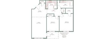 A floor plan of apartment showing a kitchen, living room, and two bedrooms.