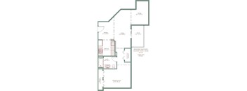 A floor plan of apartment with a kitchen, living room, and sleeping area.