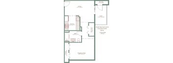A floor plan of a Weybridge Apartments Executive Studio Spirea showing the layout of the living, sleeping, and kitchen areas.