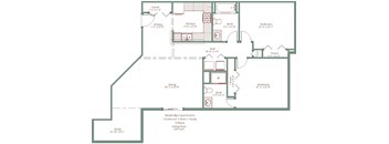 A floor plan of a house with a living area, two bedrooms, a study, a bathroom, a kitchen, a dining room, and a closet.