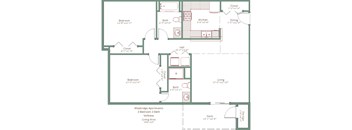 A floor plan of a two bedroom apartment with a living area and two bathrooms.