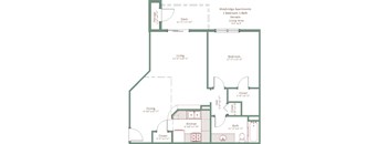 A floor plan of a one bedroom apartment with a living area, kitchen, bath, and closet.