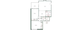 A floor plan of a house with a balcony, two bedrooms, a dining area, a kitchen, a bathroom, a hall, a closet, a laundry area, and a living area.