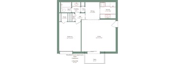 A floor plan of a one bedroom apartment with a living area, kitchen, and bathroom.