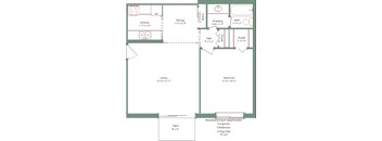 A floor plan of a one bedroom apartment with a living area, kitchen, dining room, bathroom, and closet.