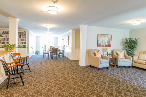 A living room with a patterned carpet and furniture.