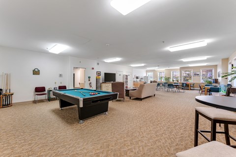 A room with a pool table and a couch.