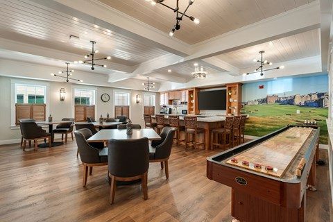 A billiard table is in the middle of a room with a pool table and a tv.