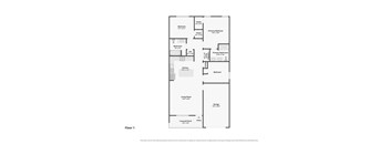 A floor plan of a house with a living room, two bedrooms, a bathroom, a kitchen, a garage, and a covered porch.