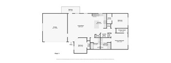 A floor plan of a house with a garage, two bedrooms, a living room, a kitchen, a bathroom, a utility room, a pantry, a laundry room, and a balcony.