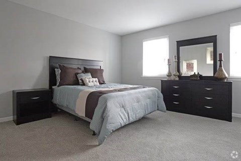 A bedroom with a bed, dresser, and mirror.