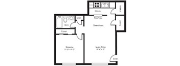 A floor plan of a house with a bedroom, living room, and closet.