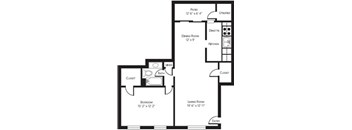 A black and white floor plan of a house with a living room, dining room, kitchen, and bathroom.