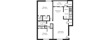 A black and white image of a floor plan for a two bedroom apartment.