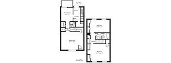 A black and white image of a floor plan for a two-story house.
