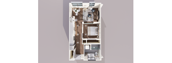 A top-down view of a small apartment with a kitchen, living room, and bathroom.