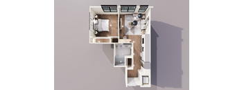 A top-down view of a small apartment with a bedroom, living room, and kitchen.