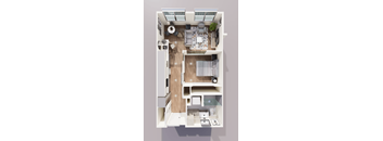 A top-down view of a modern apartment with a kitchen, living room, and bathroom.