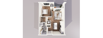 A 3D floor plan of a small apartment with a kitchen, living room, and bathroom.