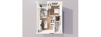 A top-down view of a small, neatly organized apartment.