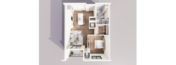 A top-down view of a small apartment with a kitchen, living room, and bathroom.