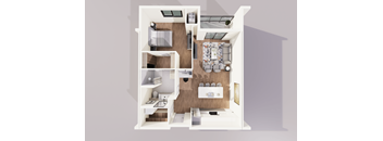 A 3D floor plan of a small apartment with a kitchen, living room, and bathroom.