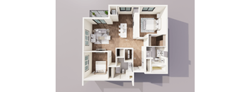 A top-down view of a small apartment with a kitchen, living room, and bedroom.