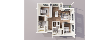 A 3D rendered image of a house layout.