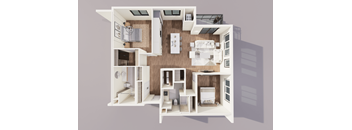 A 3D rendered image of a modern apartment layout.