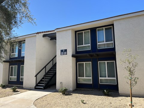 A building with a blue door and windows with white curtains.
