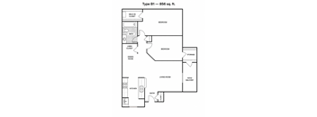 A black and white image of a Type B1 - 856 sq. ft. floor plan.