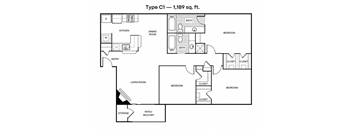 A black and white diagram of a Type C1 apartment, which is 1,189 square feet.