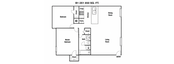 A floor plan of a 2 bedroom, 2 bathroom apartment.