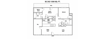 A floor plan of a 2200 square foot home with a living room, dining room, kitchen, pantry, two bedrooms, and bathrooms.