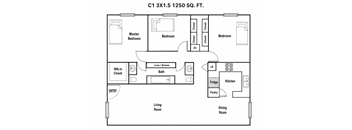 A floor plan of a one bedroom apartment with a living room, dining room, kitchen, and bath.