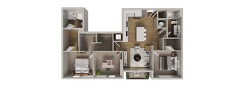 A detailed 3D floor plan of a small apartment layout.