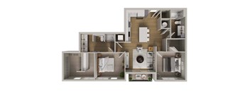 A 3D floor plan of a house with multiple rooms and furniture.