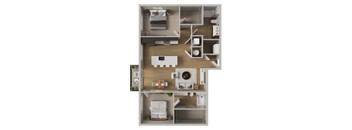 A top-down view of a small apartment with a kitchen, living room, and bathroom.