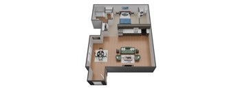A 3D image of a small apartment with a bedroom, living room, and kitchen.