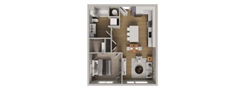 A floor plan of a small apartment with a kitchen, living room, and bathroom.
