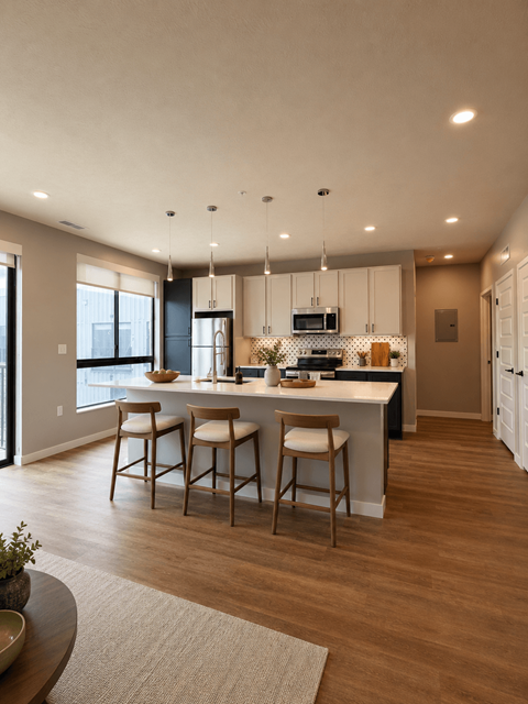 A modern kitchen with a bar area and wooden flooring.
