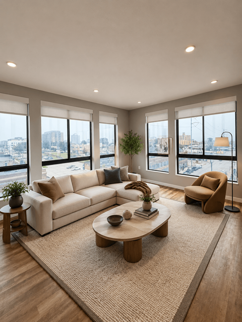 A living room with a white sofa, a wooden coffee table, and a large window overlooking the city.