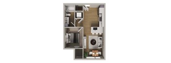 A top-down view of a modern apartment layout.
