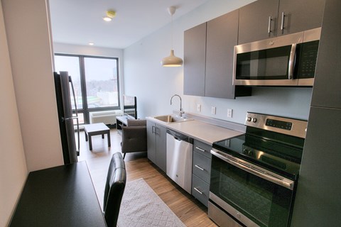 A modern kitchen with stainless steel appliances and a black countertop.