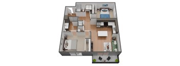 A 3D floor plan of a house with two bedrooms, a living room, a kitchen, and a bathroom.