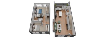 A 3D image of a two-bedroom apartment with a living room and kitchen.